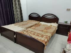 Pure Wood Two Single Beds with one side Table