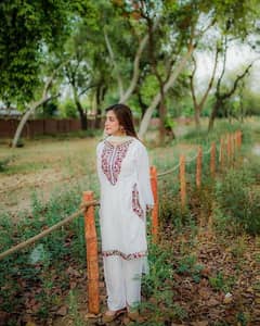 2 Piece women's stitched linen embroidered dress.