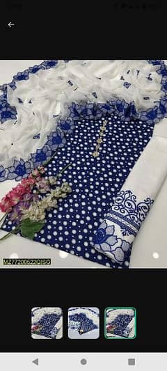 3 PCs women unstitched cotton lawn clothes 0