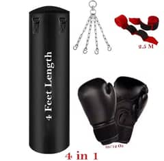 Boxing kit 3 & 4 feet boxing bag, adult size gloves, metal chain. . etc