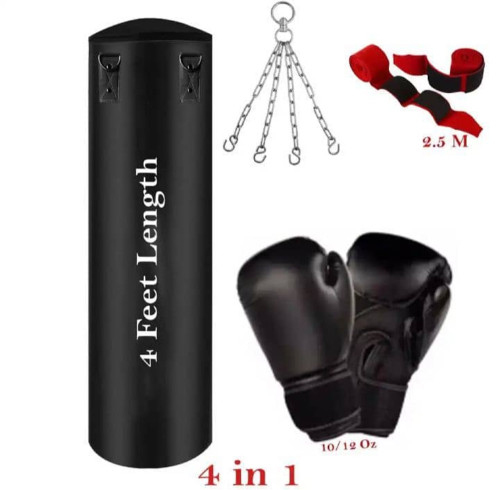 Boxing kit 3 & 4 feet boxing bag, adult size gloves, metal chain. . etc 0