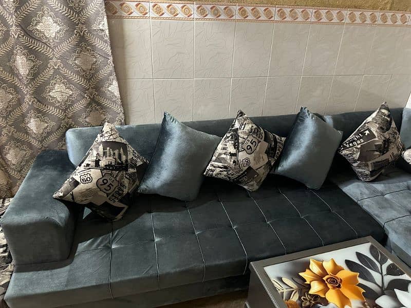 8 seater sofa set with table puffies 2