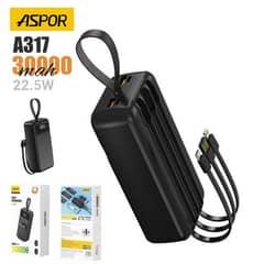 Aspor A317 22.5w 30000mah Fast Charging Power Bank With 3 Cables Black