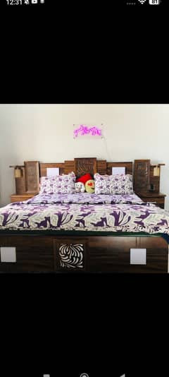 PREMIUM condition Bed, Almari, Side table set wooden(LED)