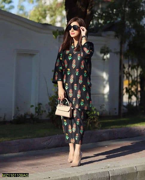 2 Pcs women's Stitched linen Block printed Suit 1