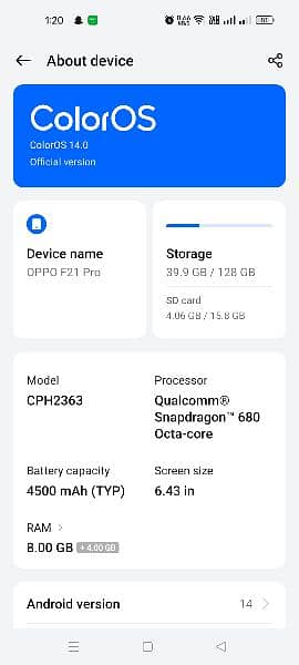 oppo F21 pro 8+4/128 like a new 7