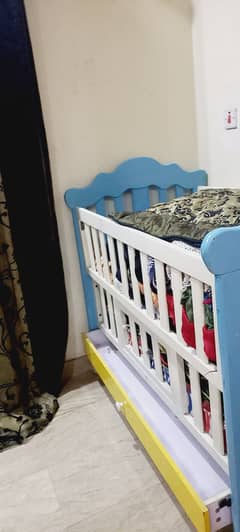 Baby cot with mattress,  walnut wood, blue color