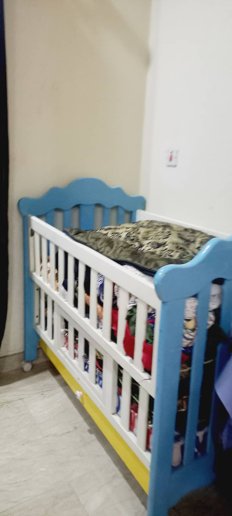 Baby cot with mattress,  walnut wood, blue color 1