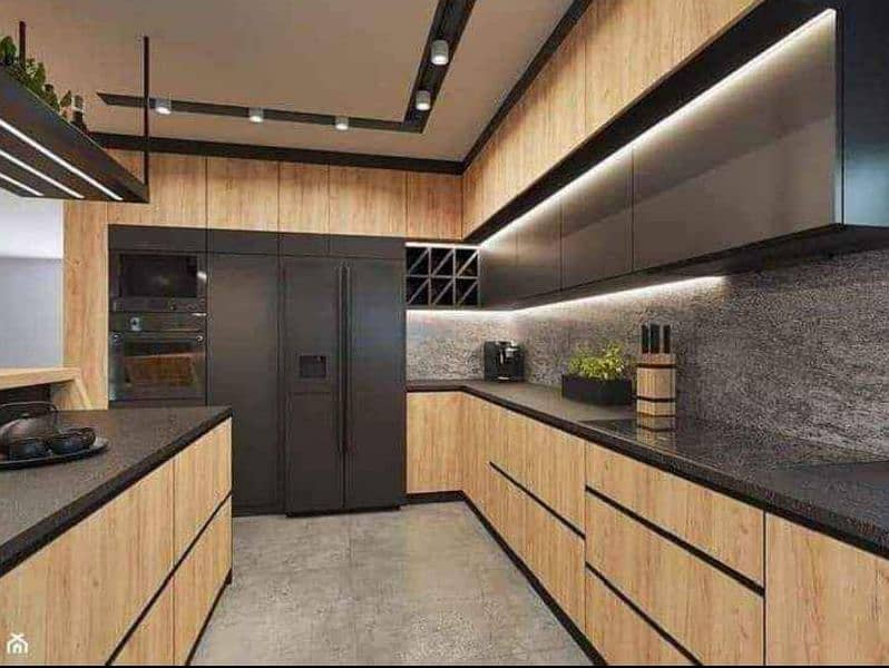 kitchen cabinets, majlis, LED Wall, Wall molding, wooden floor 2