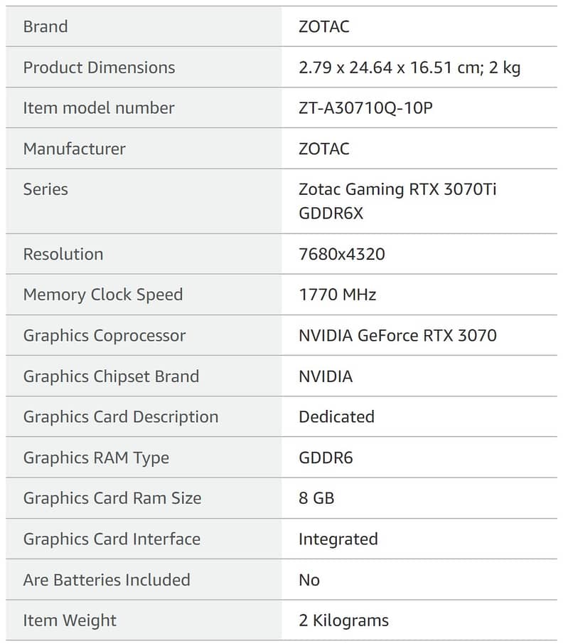 Zotac GAMING GeForce RTX 3070 Ti NVIDIA 8 GB GDDR6X 1