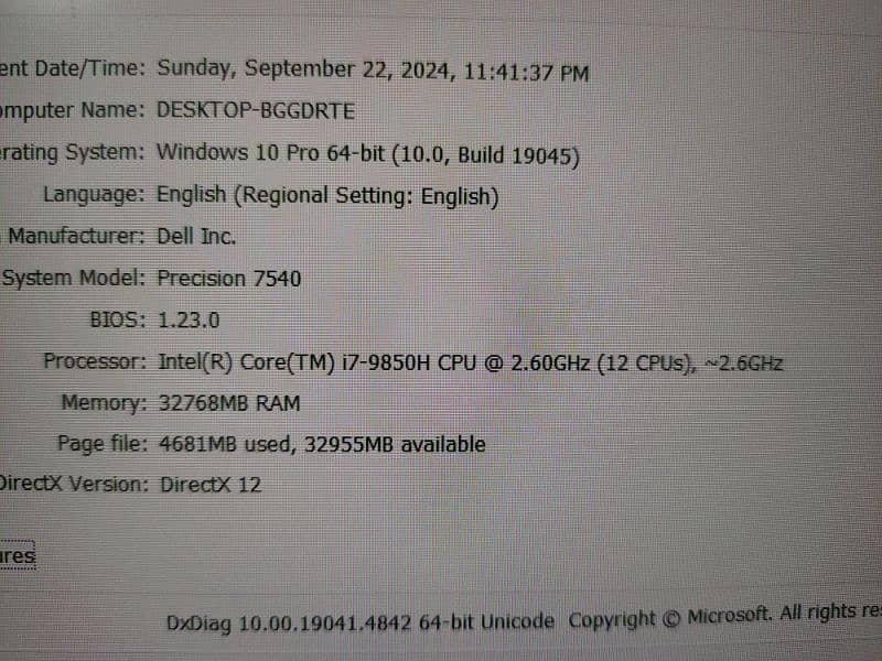 Dell Precision 7540 , i7 9th Gen ( i7-9850H ) , 4 GB Graphics Card 7