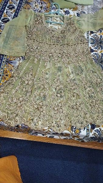 parrot stitched full worked net frock,plazo,dupatta,inner shirt 1