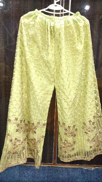 parrot stitched full worked net frock,plazo,dupatta,inner shirt 4