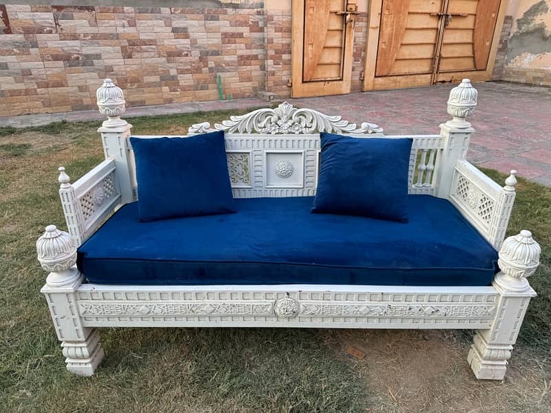 white sofa with blue velvet sofa seat with cushions 2