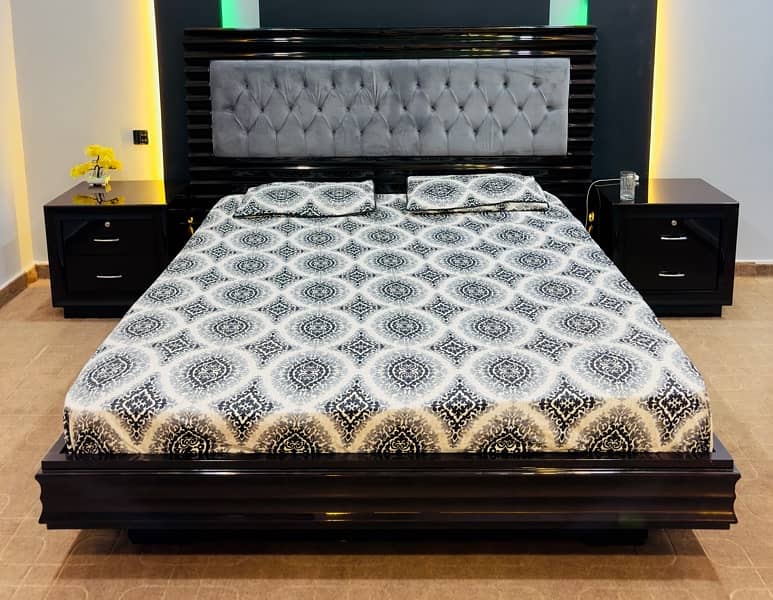 king size bed for sale / with side table / glossy shine bed set 1