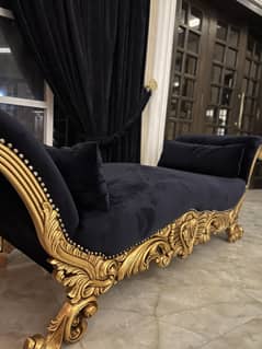 Elegant Sheesham Wood Settee with Gold Leafing & Royal Blue Velvet Uph