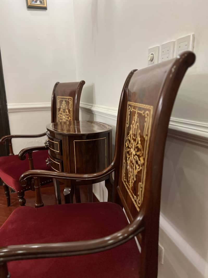 Luxury Wooden Chair and Table Set with Red Suede Upholstery 2