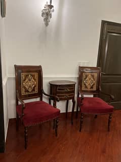 Luxury Wooden Chair and Table Set with Red Suede Upholstery