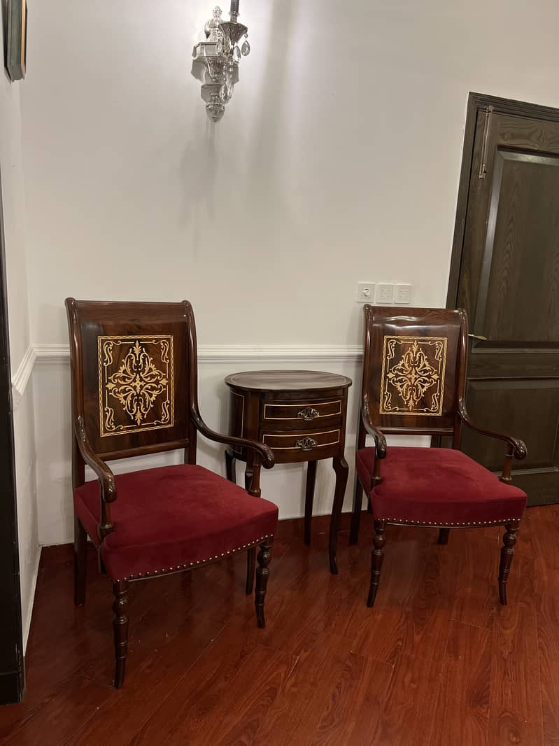 Luxury Wooden Chair and Table Set with Red Suede Upholstery 0