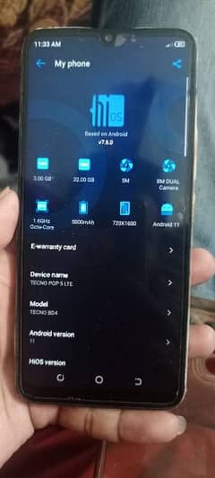 one hand used mobile tecno pop 5lte 2/32 03087069192