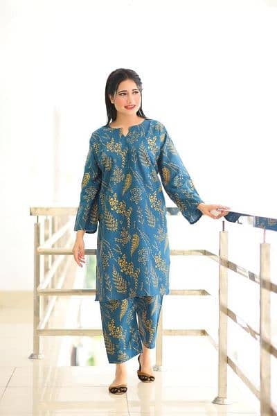 2 pcs women's stitched linen printed shirt and trouser 03401957455 1