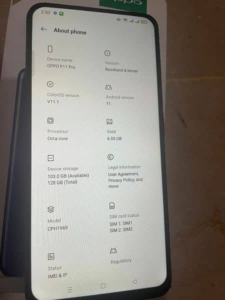 oppo F11 por  128gb 6 gb dabba 2 sim wala 3