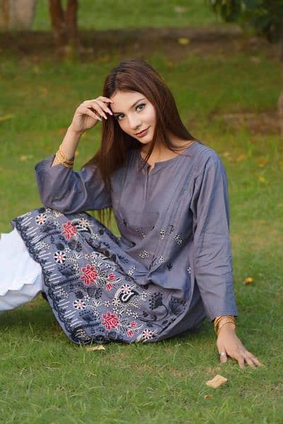 2 pcs woman's stitched cotton embroidered shirt and trouser 2