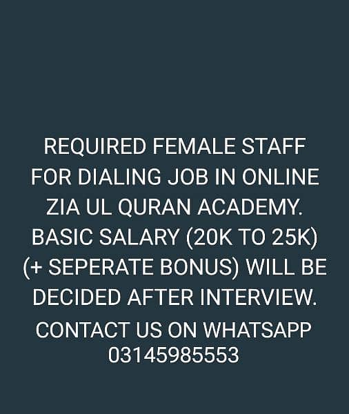 REQUIRED FEMALE STAFF FOR DIALING IN QURAN ACADEMY 0