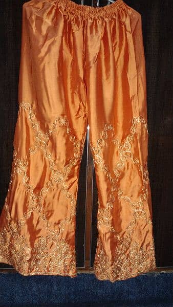 orange net full worked frock,silk trouser,inner  shirt and net dupatta 2