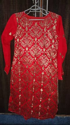 red shaffon embroidery shirt with banarsi trouser and shaffon dupatta