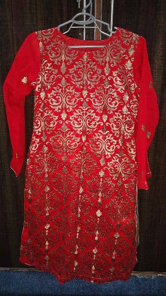 red shaffon embroidery shirt with banarsi trouser and shaffon dupatta 0