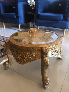 Vintage Round Glass-Top Wooden Table with Intricate Carvings