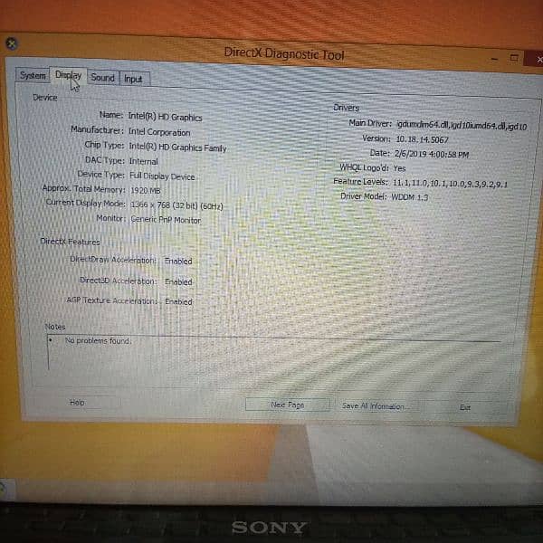 Sony VAIO Laptop, Intel Inside, 4th Generation, 4GB RAM, 250GB Memory 2