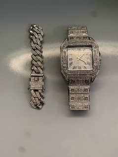 iced out watch and Bracelet Silver colour