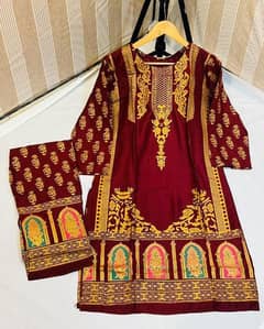 2 Pcs Women's Stitched Linen Block Printed Suit