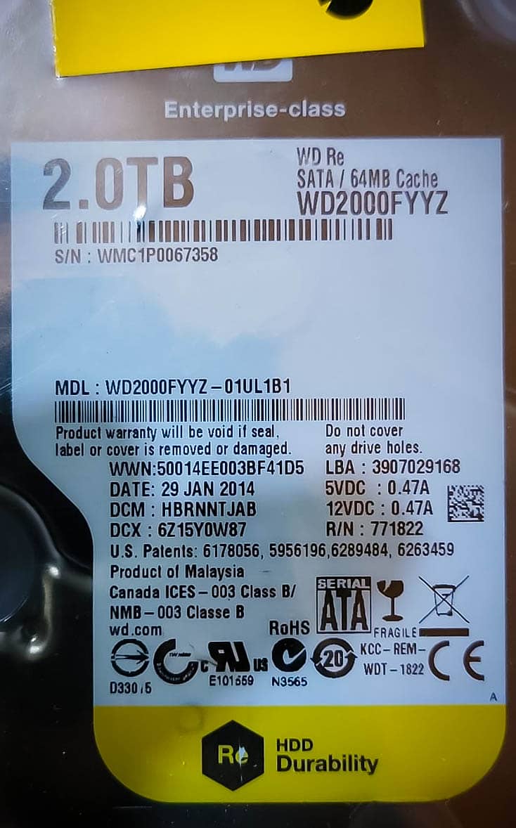 WD-RE 2.0TB ENTERPRISE GRADE 64MB/7200RPM/3.5IN 6GBPS HDD! 1