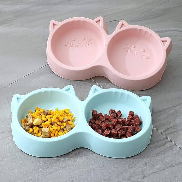 Cat Shaped Double Food Bowl Pet Plastic Food Bowl pack 2 3