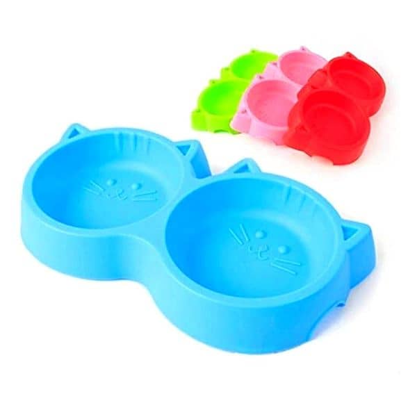 Cat Shaped Double Food Bowl Pet Plastic Food Bowl pack 2 4