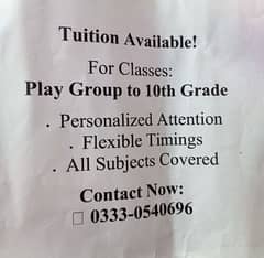 Comprehensive Tuition for All Subjects (Playgroup to 10th class)