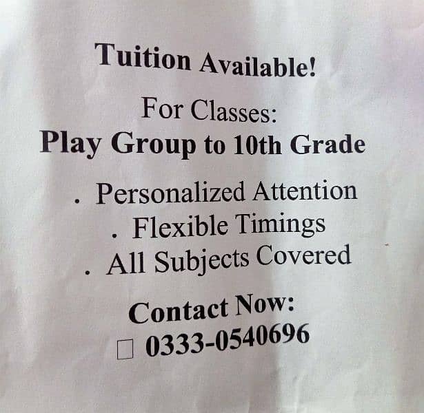 "Comprehensive Tuition for All Subjects (Playgroup to 10th class)" 0