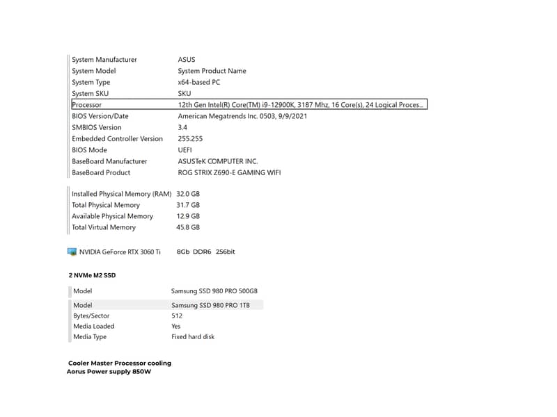 i9-12900K / Asus Z690-E / NVIDIA GeForce RTX 3060 Ti 8Gb 0