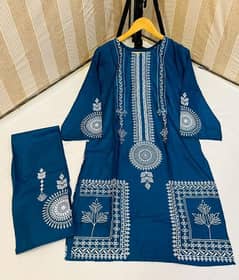 2 Pcs Women's Stitched Linen Block Printed
Shirt And Trouser