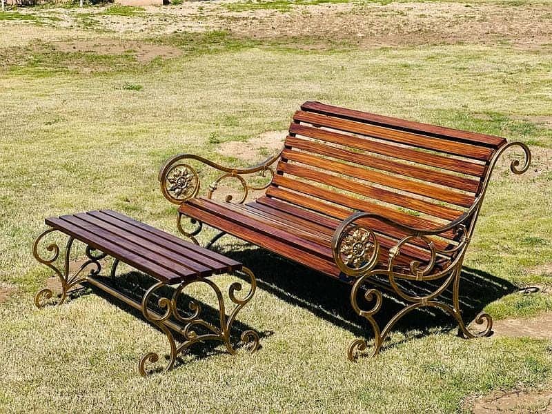 Park Bench PVC & wooden Cast Wrought Iron Patio Metal Waiting Bench 2