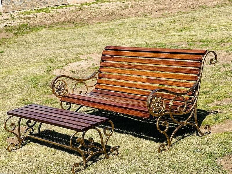 Park Bench PVC & wooden Cast Wrought Iron Patio Metal Waiting Bench 3