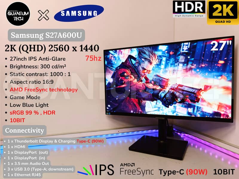 27inch IPS 2K 75hz HDR 10bit Type C Samsung Bezelless Gaming Monitor 1