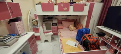 Pink and White Bed Set (bunk bed, wardrobe, tv table, and study table)