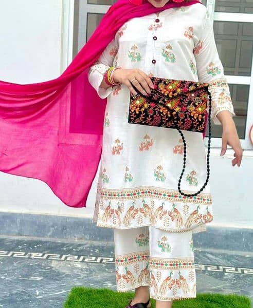 2 pcs women stitched linen printed shirt and trouser 1