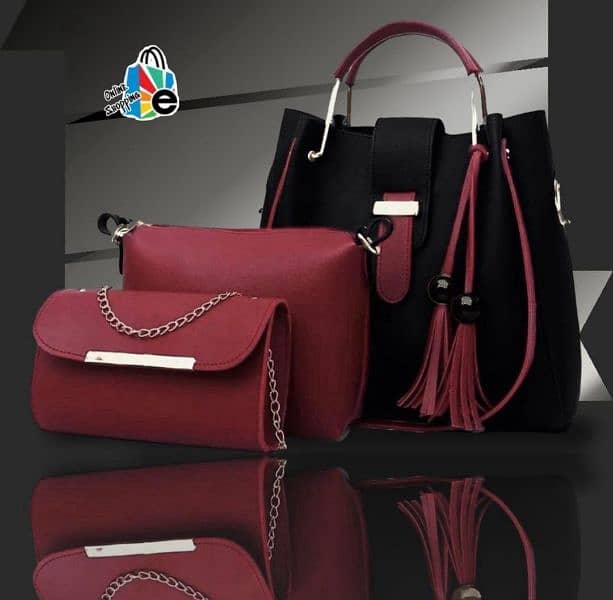 3 PCs Women's Leather Plain Hand Bag Set 0