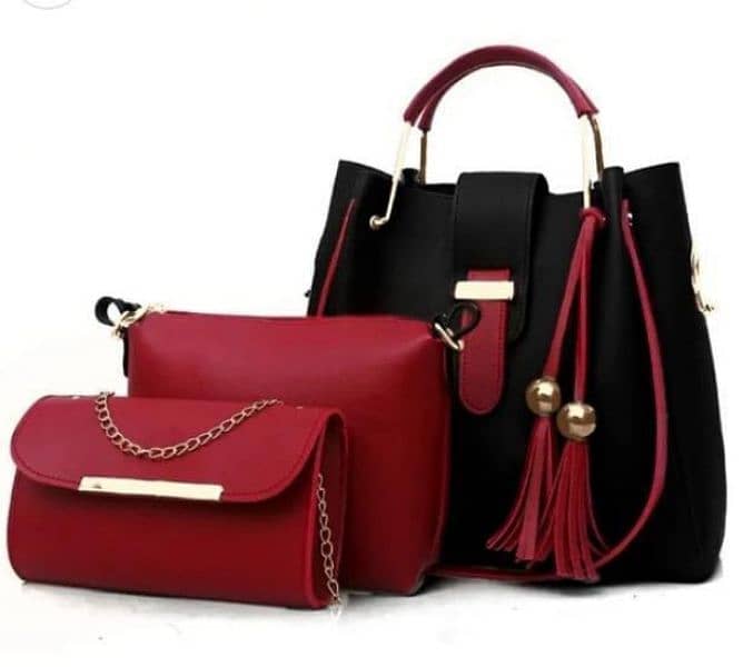 3 PCs Women's Leather Plain Hand Bag Set 2