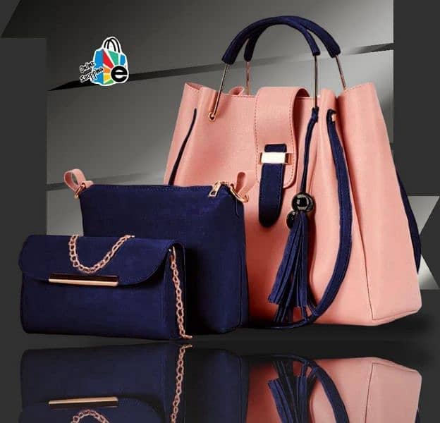 3 PCs Women's Leather Plain Hand Bag Set 3